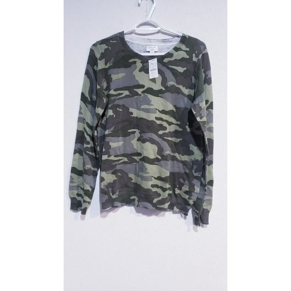 NWT J Crew Camo Teddie Lightweight Sweater Size M Jenna Camo Green 969 AC506